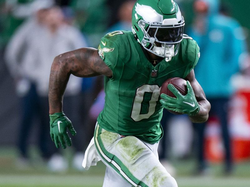 Philadelphia Eagles running back D'Andre Swift (0) in action during the NFL football game against the Miami Dolphins, Sunday, Oct. 22, 2023, in Philadelphia. (AP Photo/Chris Szagola)