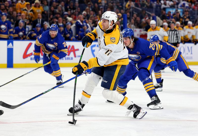 Dec 3, 2023; Buffalo, New York, USA;  Nashville Predators center Mark Jankowski (17) takes a shot on goal during the third period against the Buffalo Sabres during the third period at KeyBank Center. Mandatory Credit: Timothy T. Ludwig-USA TODAY Sports