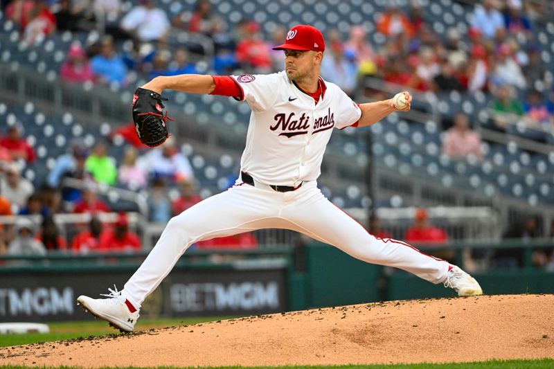 Aug 21, 2025; Washington, District of Columbia, USA; Washington Nationals starting pitcher MacKenzie Gore (1) throws to the New York Mets during the second inning at Nationals Park. Mandatory Credit: Brad Mills-Imagn Images