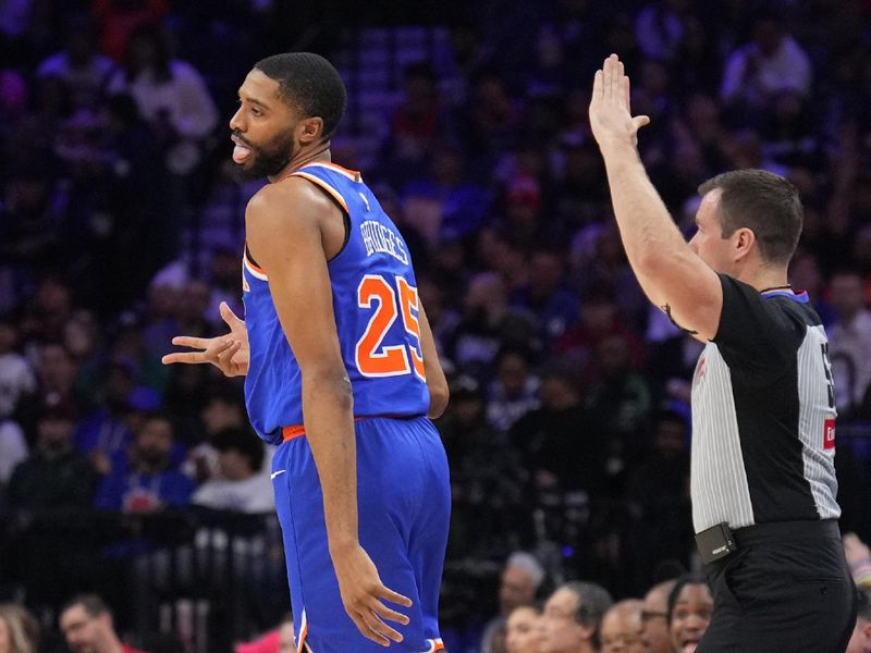 PHILADELPHIA, PA - JANUARY 15: Mikal Bridges #25 of the New York Knicks celebrates during the game against the Philadelphia 76ers on January 15, 2025 at the Wells Fargo Center in Philadelphia, Pennsylvania NOTE TO USER: User expressly acknowledges and agrees that, by downloading and/or using this Photograph, user is consenting to the terms and conditions of the Getty Images License Agreement. Mandatory Copyright Notice: Copyright 2025 NBAE (Photo by Jesse D. Garrabrant/NBAE via Getty Images)