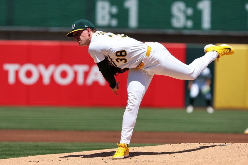 May 10, 2025; West Sacramento, California, USA; Athletics starting pitcher JP Sears (38) throws a pitch against the New York Yankees during the first inning at Sutter Health Park. Mandatory Credit: Dennis Lee-Imagn Images