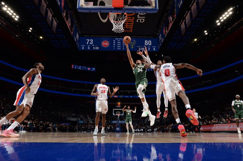 DETROIT, MI - JANUARY 22: Giannis Antetokounmpo #34 of the Milwaukee Bucks drives to the basket during the game against the Detroit Pistons on January 22, 2024 at Little Caesars Arena in Detroit, Michigan. NOTE TO USER: User expressly acknowledges and agrees that, by downloading and/or using this photograph, User is consenting to the terms and conditions of the Getty Images License Agreement. Mandatory Copyright Notice: Copyright 2024 NBAE (Photo by Chris Schwegler/NBAE via Getty Images)