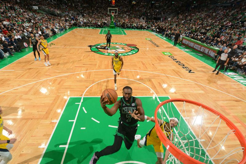 BOSTON, MA - MAY 23: Jaylen Brown #7 of the Boston Celtics drives to the basket during the game against the Indiana Pacers during Game 2 of the Eastern Conference Finals of the 2024 NBA Playoffs on May 23, 2024 at the TD Garden in Boston, Massachusetts. NOTE TO USER: User expressly acknowledges and agrees that, by downloading and or using this photograph, User is consenting to the terms and conditions of the Getty Images License Agreement. Mandatory Copyright Notice: Copyright 2024 NBAE  (Photo by Brian Babineau/NBAE via Getty Images)