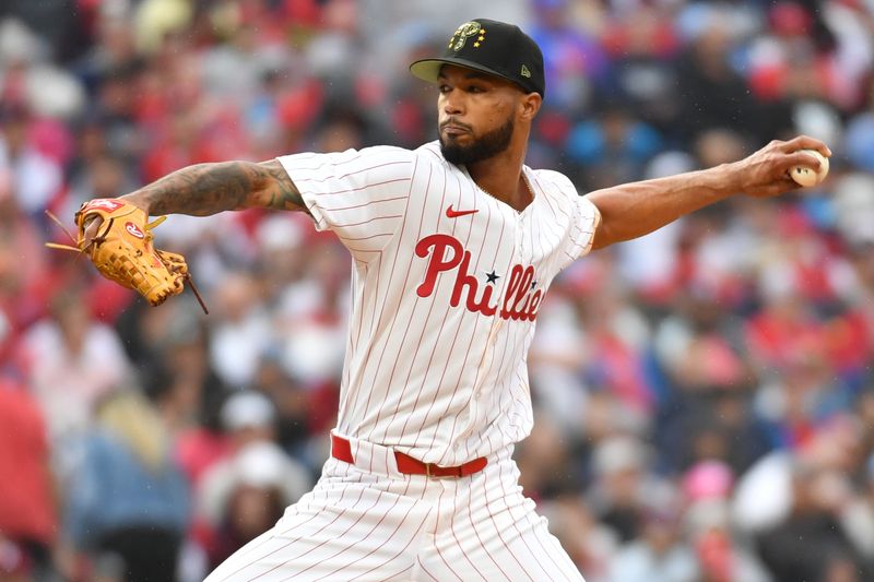 May 19, 2024; Philadelphia, Pennsylvania, USA; Philadelphia Phillies pitcher Cristopher Sánchez (61) throws a pitch during the second inning against the Washington Nationals at Citizens Bank Park. Mandatory Credit: Eric Hartline-USA TODAY Sports