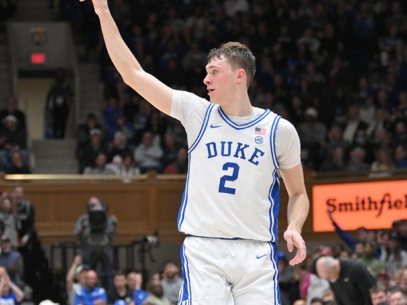Feb 15, 2025; Durham, North Carolina, USA;  Duke Blue Devils forward Cooper Flagg (2) celebrates after scoring during the second half against the Stanford Cardinal at Cameron Indoor Stadium. Blue Devils won 106-70. Mandatory Credit: Zachary Taft-Imagn Images