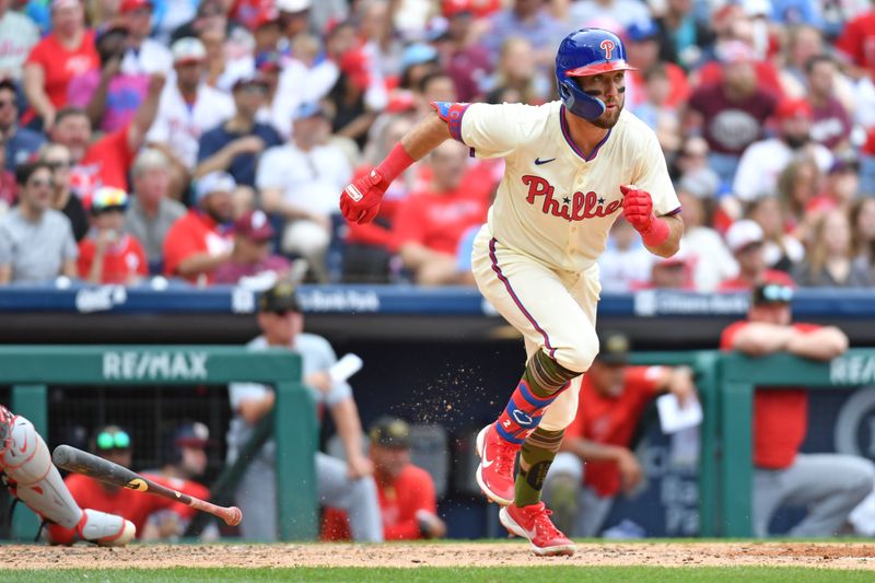 May 19, 2024; Philadelphia, Pennsylvania, USA; Philadelphia Phillies first base Kody Clemens (2) watches his two RBI double against the Washington Nationals during the fifth inning at Citizens Bank Park. Mandatory Credit: Eric Hartline-USA TODAY Sports