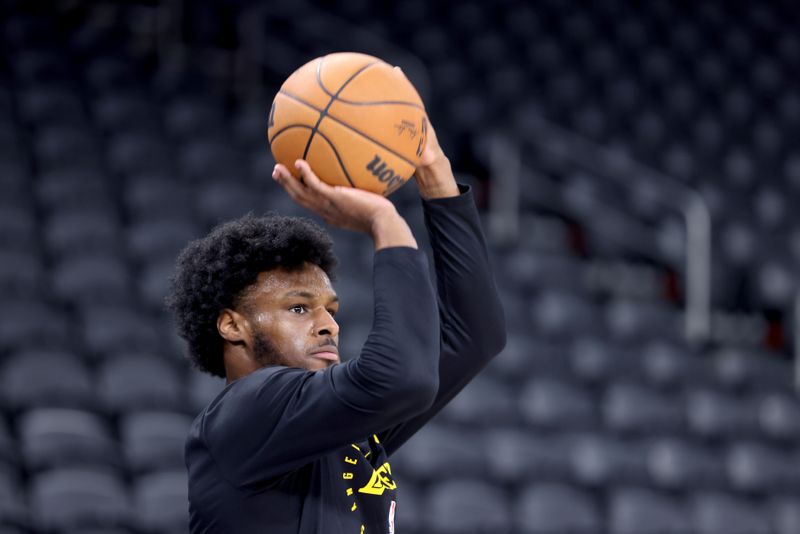 PALM SPRINGS, CALIFORNIA - OCTOBER 06: Bronny James #9 of the Los Angeles Lakers warms up prior to the game against the Phoenix Suns at Acrisure Arena on October 06, 2024 in Palm Springs, California. NOTE TO USER: User expressly acknowledges and agrees that, by downloading and/or using this photograph, user is consenting to the terms and conditions of the Getty Images License Agreement. (Photo by Katelyn Mulcahy/Getty Images)