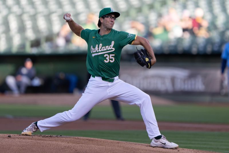 Aug 19, 2024; Oakland, California, USA; Oakland Athletics pitcher Joe Boyle (35) pitches during the first inning against the Tampa Bay Rays at Oakland-Alameda County Coliseum. Mandatory Credit: Stan Szeto-USA TODAY Sports