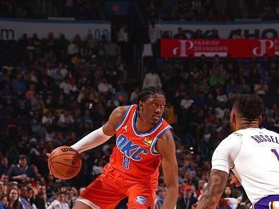 OKLAHOMA CITY, OK - DECEMBER 23: Jalen Williams #8 of the Oklahoma City Thunder handles the ball during the game against the Los Angeles Lakers on December 23, 2023 at Paycom Arena in Oklahoma City, Oklahoma. NOTE TO USER: User expressly acknowledges and agrees that, by downloading and or using this photograph, User is consenting to the terms and conditions of the Getty Images License Agreement. Mandatory Copyright Notice: Copyright 2023 NBAE (Photo by Zach Beeker/NBAE via Getty Images)