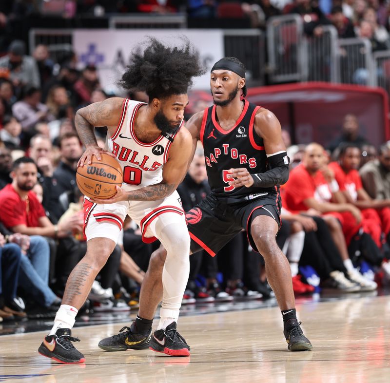 CHICAGO, IL - FEBRUARY 28:  Coby White #0 of the Chicago Bulls handles the ball during the game against the Toronto Raptors on February 28, 2025 at United Center in Chicago, Illinois. NOTE TO USER: User expressly acknowledges and agrees that, by downloading and or using this photograph, User is consenting to the terms and conditions of the Getty Images License Agreement. Mandatory Copyright Notice: Copyright 2025 NBAE (Photo by Jeff Haynes/NBAE via Getty Images)