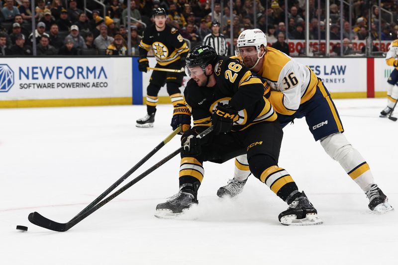 Jan 27, 2026; Boston, Massachusetts, USA; Nashville Predators left wing Cole Smith (36) knocks the puck off the stick of Boston Bruins defenseman Andrew Peeke (26) during the second period at TD Garden. Mandatory Credit: Winslow Townson-Imagn Images