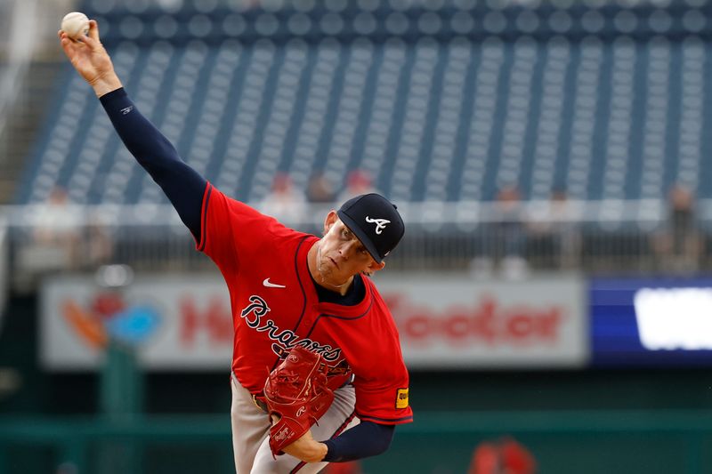 Sep 17, 2025; Washington, District of Columbia, USA; Atlanta Braves pitcher Hurston Waldrep (64) pitches against the Washington Nationals during the second inning at Nationals Park. Mandatory Credit: Geoff Burke-Imagn Images