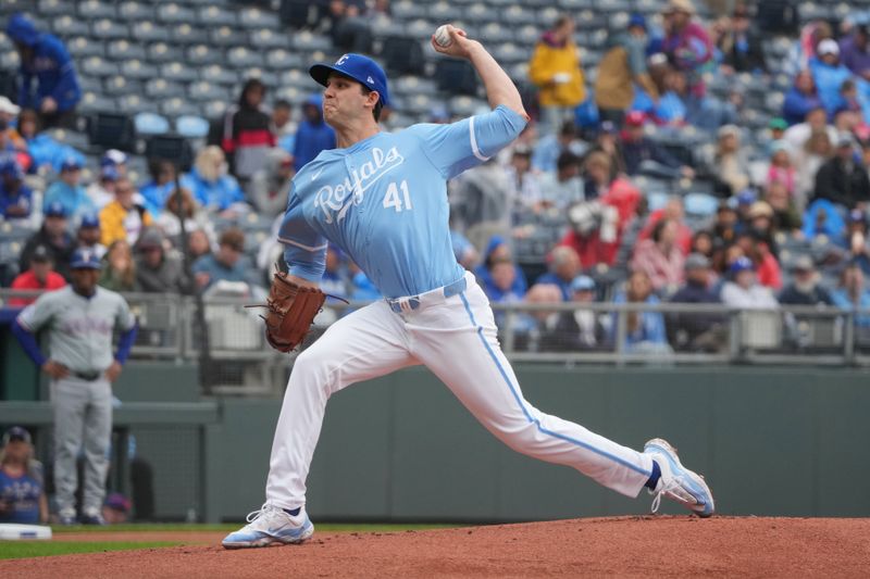 May 5, 2024; Kansas City, Missouri, USA; Kansas City Royals starting pitcher Daniel Lynch (41) delivers a pitch against the Texas Rangers in the first inning at Kauffman Stadium. Mandatory Credit: Denny Medley-USA TODAY Sports