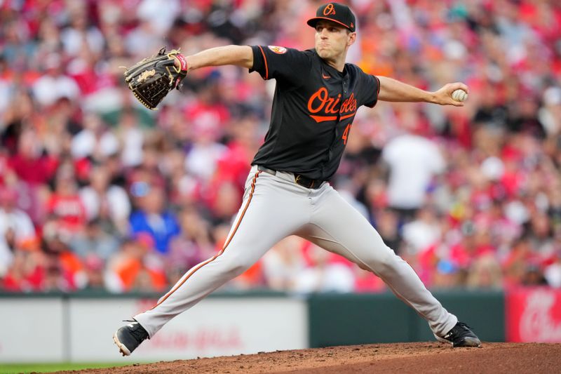 May 4, 2024; Cincinnati, Ohio, USA; Baltimore Orioles pitcher John Means (47) delivers a pitch in the second inning of a baseball game against the Cincinnati Reds at Great American Ball Park. Mandatory Credit: The Cincinnati Enquirer-USA TODAY Sports