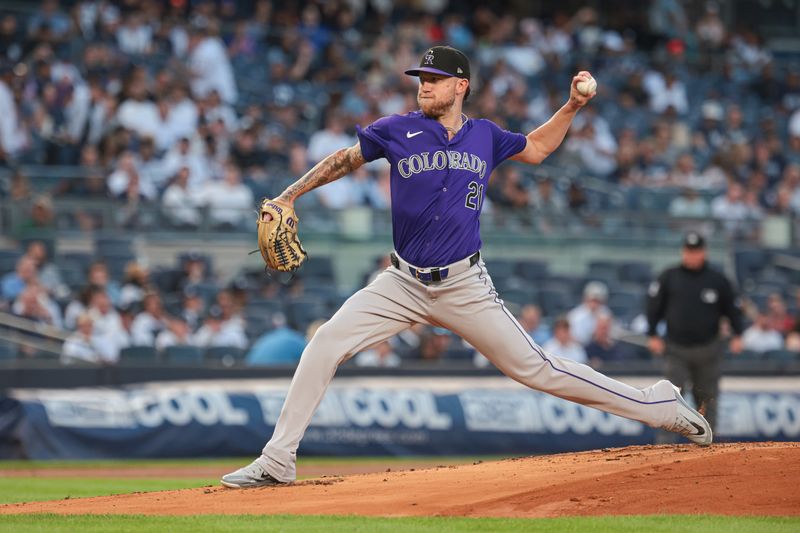 Aug 23, 2024; Bronx, New York, USA; Colorado Rockies starting pitcher Kyle Freeland (21) delivers a pitch during the first inning against the New York Yankees at Yankee Stadium. Mandatory Credit: Vincent Carchietta-USA TODAY Sports