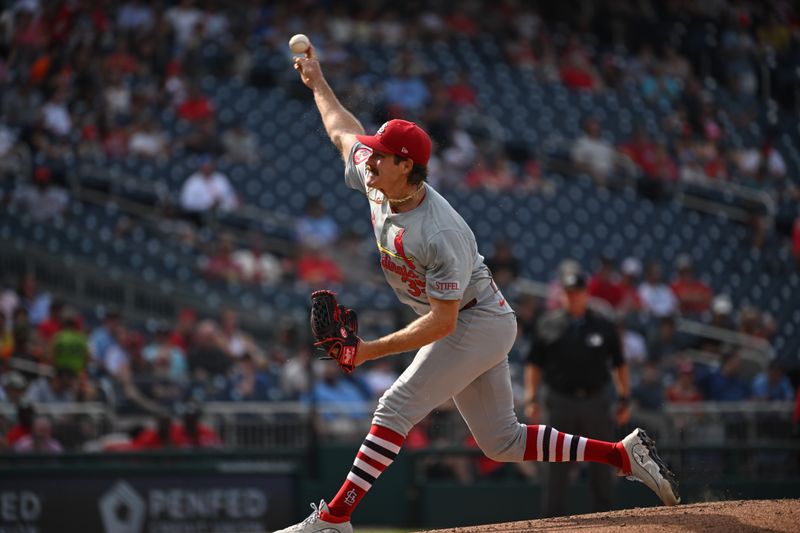 Jul 8, 2024; Washington, District of Columbia, USA; St. Louis Cardinals starting pitcher Miles Mikolas (39) throws a pitch against the Washington Nationals during the fourth inning at Nationals Park. Mandatory Credit: Rafael Suanes-USA TODAY Sports