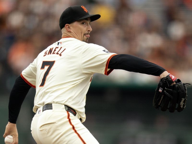 Jul 27, 2024; San Francisco, California, USA; San Francisco Giants starting pitcher Blake Snell (7) delivers a pitch against the Colorado Rockies during the first inning at Oracle Park. Mandatory Credit: D. Ross Cameron-USA TODAY Sports