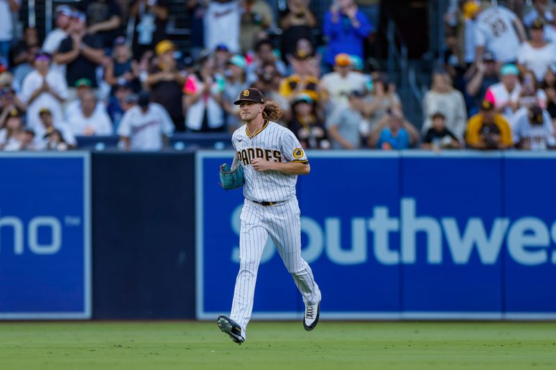 Jun 17, 2023; San Diego, California, USA; San Diego Padres relief pitcher Josh Header (71) runs in from the San Diego Padres bullpen before the ninth inning against the Tampa Bay Rays at Petco Park. Mandatory Credit: David Frerker-USA TODAY Sports