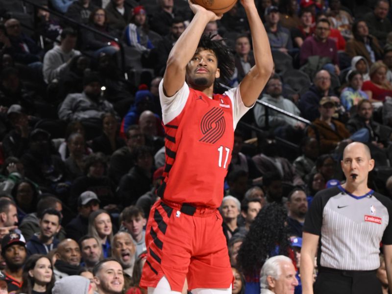 PHILADELPHIA, PA - MARCH 3:  Shaedon Sharpe #17 of the Portland Trail Blazers shoots the ball during the game against the Philadelphia 76ers  on March 3, 2025 at the Wells Fargo Center in Philadelphia, Pennsylvania NOTE TO USER: User expressly acknowledges and agrees that, by downloading and/or using this Photograph, user is consenting to the terms and conditions of the Getty Images License Agreement. Mandatory Copyright Notice: Copyright 2025 NBAE (Photo by David Dow/NBAE via Getty Images)