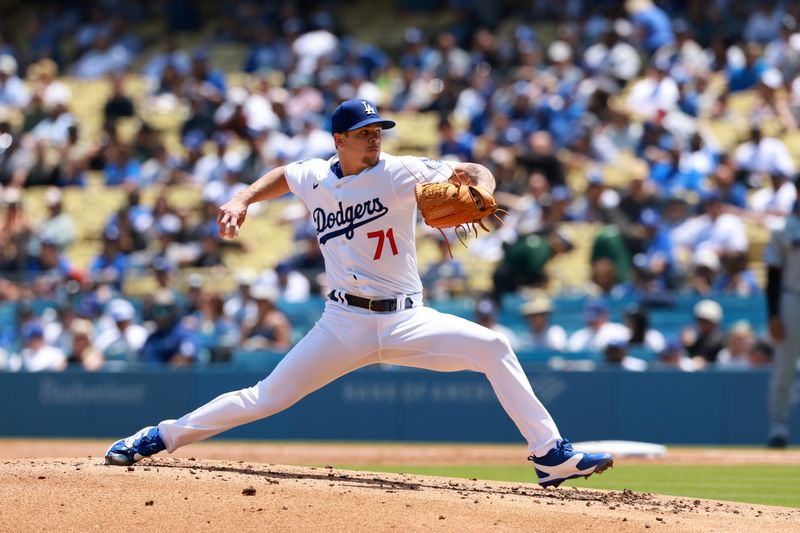 May 8, 2024; Los Angeles, California, USA;  Los Angeles Dodgers pitcher Gavin Stone (71) pitches during the first inning against the Miami Marlins at Dodger Stadium. Mandatory Credit: Kiyoshi Mio-USA TODAY Sports