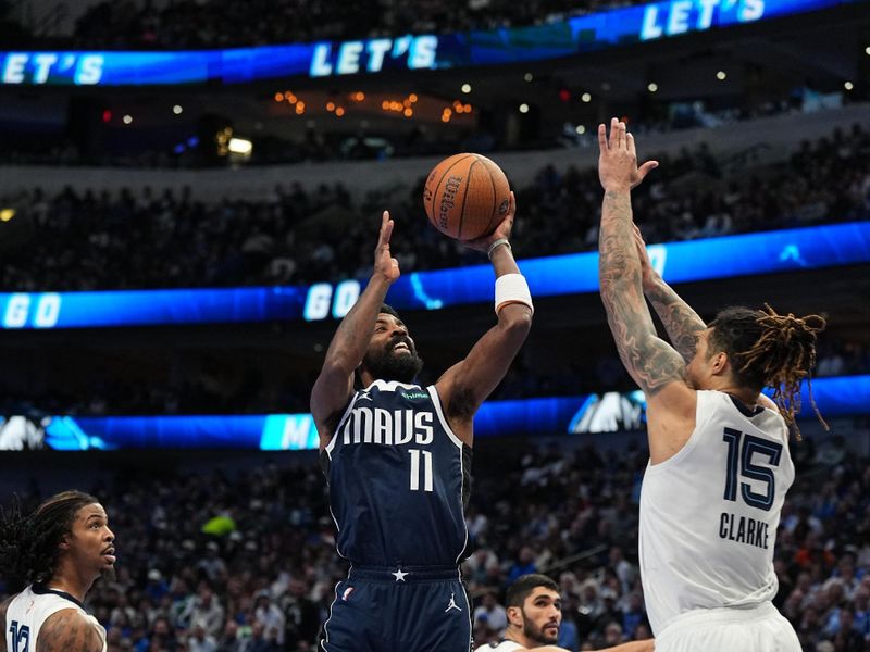 DALLAS, TX - DECEMBER 3: Kyrie Irving #11 of the Dallas Mavericks shoots the ball during the game against the Memphis Grizzlies during a Emirates NBA Cup game on December 3, 2024 at American Airlines Center in Dallas, Texas. NOTE TO USER: User expressly acknowledges and agrees that, by downloading and or using this photograph, User is consenting to the terms and conditions of the Getty Images License Agreement. Mandatory Copyright Notice: Copyright 2024 NBAE (Photo by Glenn James/NBAE via Getty Images)