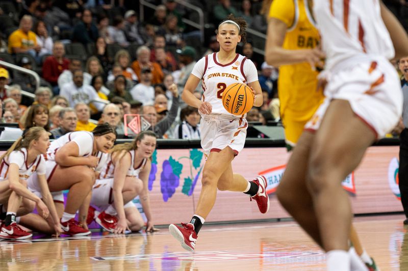 Mar 9, 2024; Kansas City, MO, USA; Iowa State Cyclones guard Arianna Jackson (2) handles the ball against the Baylor Lady Bears during the second half at T-Mobile Center. Mandatory Credit: Amy Kontras-USA TODAY Sports