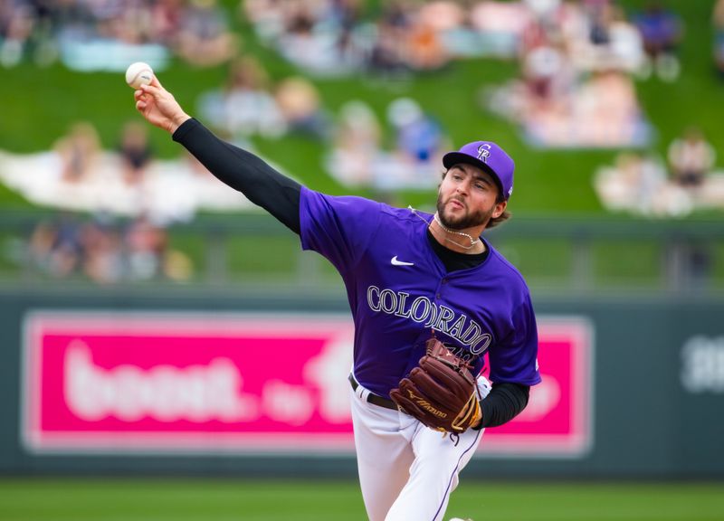 Feb 26, 2024; Salt River Pima-Maricopa, Arizona, USA; Colorado Rockies pitcher Jeff Criswell against the Los Angeles Dodgers during a spring training game at Salt River Fields at Talking Stick. Mandatory Credit: Mark J. Rebilas-USA TODAY Sports