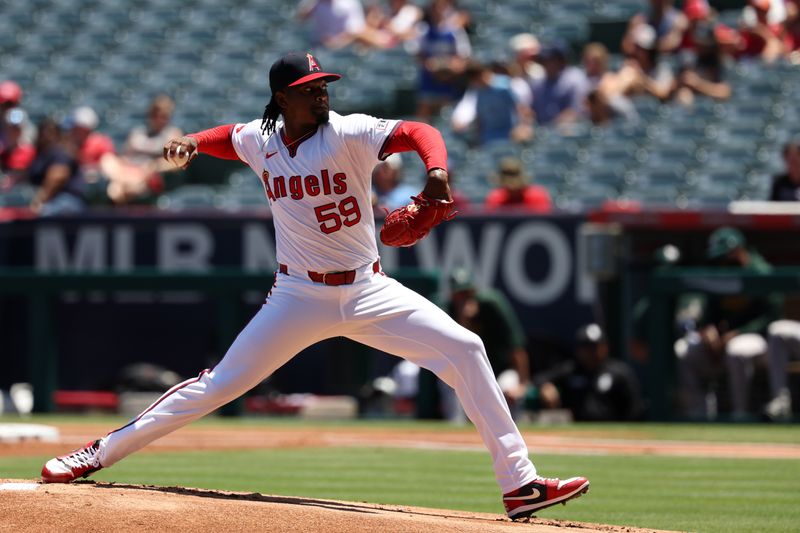 Jul 28, 2024; Anaheim, California, USA;  Los Angeles Angels starting pitcher Jose Soriano (59) pitches during the first inning against the Oakland Athletics at Angel Stadium. Mandatory Credit: Kiyoshi Mio-USA TODAY Sports