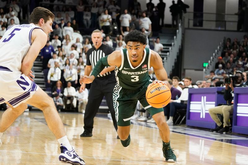 Jan 7, 2024; Evanston, Illinois, USA; Northwestern Wildcats guard Ryan Langborg (5) defends Michigan State Spartans guard Jaden Akins (3) during the first half at Welsh-Ryan Arena. Mandatory Credit: David Banks-USA TODAY Sports