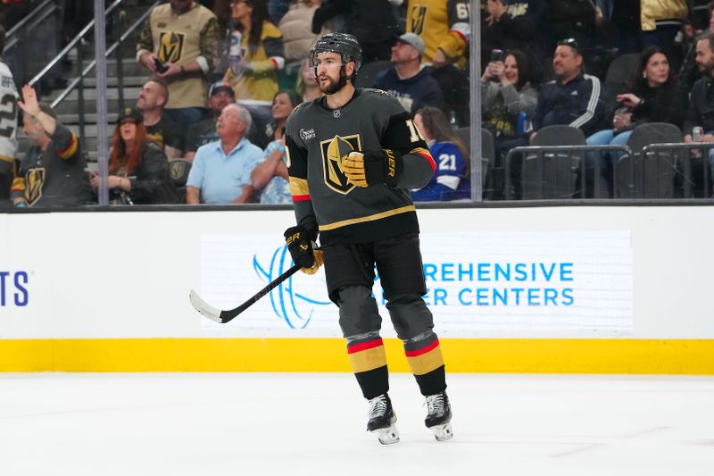 Mar 23, 2025; Las Vegas, Nevada, USA; Vegas Golden Knights center Nicolas Roy (10) celebrates after scoring a goal against the Tampa Bay Lightning during the first period at T-Mobile Arena. Mandatory Credit: Stephen R. Sylvanie-Imagn Images