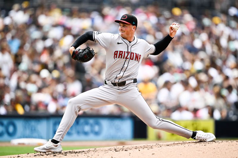 Jun 9, 2024; San Diego, California, USA; Arizona Diamondbacks Tommy Henry (47) pitches during the second inning against the San Diego Padres at Petco Park. Mandatory Credit: Denis Poroy-USA TODAY Sports at Petco Park. 