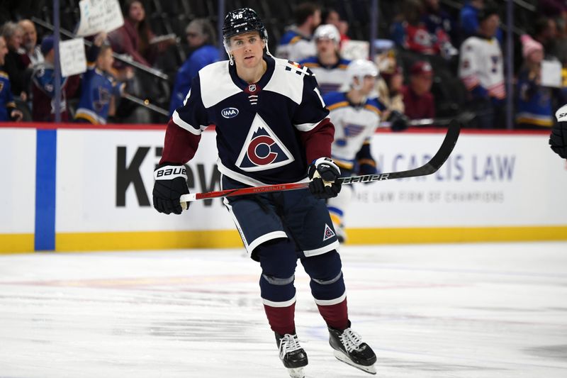 Jan 31, 2025; Denver, Colorado, USA; Colorado Avalanche center Jack Drury (18) skates before the game against the St. Louis Blues at Ball Arena. Mandatory Credit: Christopher Hanewinckel-Imagn Images