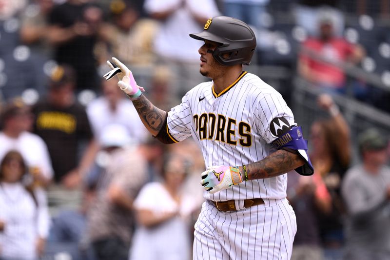 Aug 19, 2023; San Diego, California, USA; San Diego Padres designated hitter Manny Machado (13) celebrates after hitting a home run against the Arizona Diamondbacks during the eighth inning at Petco Park. Mandatory Credit: Orlando Ramirez-USA TODAY Sports