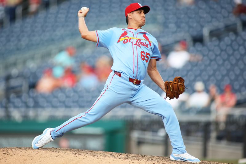 Jul 6, 2024; Washington, District of Columbia, USA; St. Louis Cardinals pitcher Giovanny Gallegos (65) throws a pitch during the sixth inning against the Washington Nationals at Nationals Park. Mandatory Credit: Daniel Kucin Jr.-USA TODAY Sports