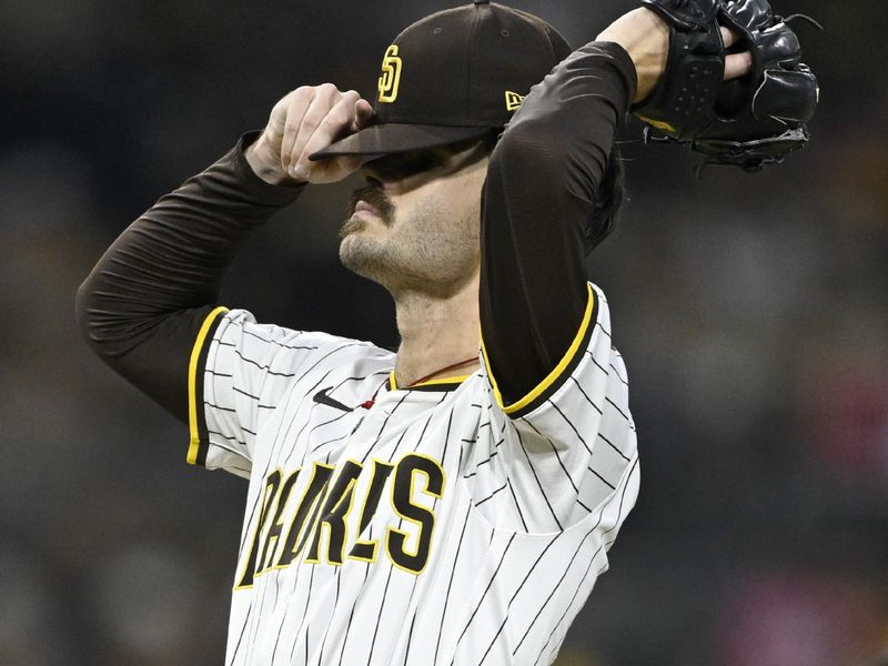 Oct 9, 2024; San Diego, California, USA; San Diego Padres pitcher Dylan Cease (84) reacts after a hit in the second inning against the Los Angeles Dodgers during game four of the NLDS for the 2024 MLB Playoffs at Petco Park.  Mandatory Credit: Denis Poroy-Imagn Images