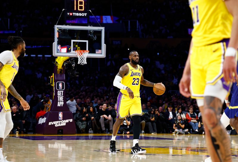 LOS ANGELES, CALIFORNIA - APRIL 09:  LeBron James #23 of the Los Angeles Lakers at Crypto.com Arena on April 09, 2024 in Los Angeles, California.  NOTE TO USER: User expressly acknowledges and agrees that, by downloading and/or using this photograph, user is consenting to the terms and conditions of the Getty Images License Agreement.  (Photo by Ronald Martinez/Getty Images)