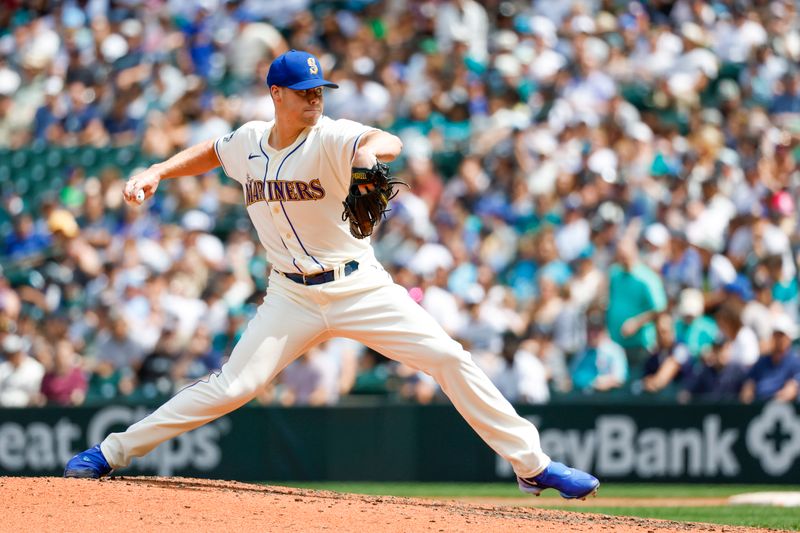 Jul 16, 2023; Seattle, Washington, USA; Seattle Mariners relief pitcher Justin Topa (48) throws against the Detroit Tigers during the seventh inning at T-Mobile Park. Mandatory Credit: Joe Nicholson-USA TODAY Sports