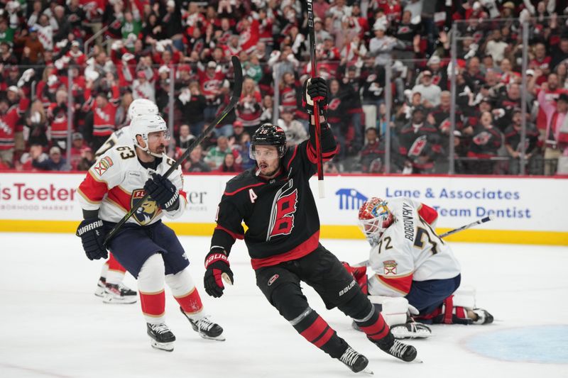 May 28, 2025; Raleigh, North Carolina, USA; Carolina Hurricanes forward Sebastian Aho (20) celebrates scoring a goal during the first period against the Florida Panthers in game five of the Eastern Conference Final of the 2025 Stanley Cup Playoffs at Lenovo Center. Mandatory Credit: James Guillory-Imagn Images
