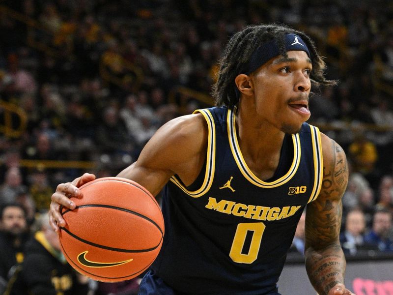 Dec 10, 2023; Iowa City, Iowa, USA; Michigan Wolverines guard Dug McDaniel (0) controls the ball against the Iowa Hawkeyes during the first half at Carver-Hawkeye Arena. Mandatory Credit: Jeffrey Becker-USA TODAY Sports