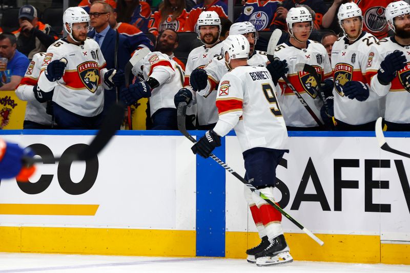 Jun 4, 2025; Edmonton, Alberta, CAN; Florida Panthers center Sam Bennett (9) reacts after scoring a goal against the Edmonton Oilers in the second period in game one of the 2025 Stanley Cup Final at Rogers Place. Mandatory Credit: Perry Nelson-Imagn Images