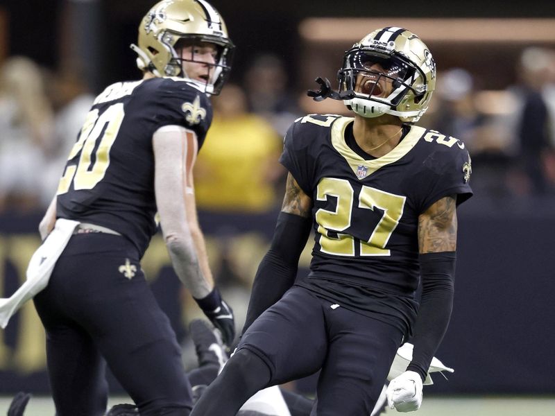 New Orleans Saints cornerback Alontae Taylor (27) reacts after a play during an NFL football game against the Las Vegas Raiders, Sunday, Oct. 30, 2022, in New Orleans. (AP Photo/Tyler Kaufman)