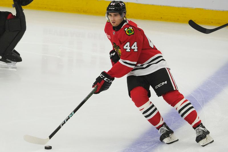 Nov 6, 2024; Chicago, Illinois, USA; Chicago Blackhawks defenseman Wyatt Kaiser (44) warms up before a game against the Detroit Red Wings at United Center. Mandatory Credit: David Banks-Imagn Images