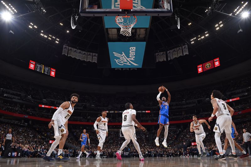 DENVER, CO - OCTOBER 24: Shai Gilgeous-Alexander #2 of the Oklahoma City Thunder shoots the ball during the game against the Denver Nuggets on October 24, 2024 at Ball Arena in Denver, Colorado. NOTE TO USER: User expressly acknowledges and agrees that, by downloading and/or using this Photograph, user is consenting to the terms and conditions of the Getty Images License Agreement. Mandatory Copyright Notice: Copyright 2024 NBAE (Photo by Garrett Ellwood/NBAE via Getty Images)