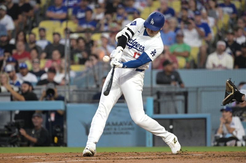 Aug 6, 2024; Los Angeles, California, USA;  Los Angeles Dodgers designated hitter Shohei Ohtani (17) flies out in the third inning against the Philadelphia Phillies at Dodger Stadium. Mandatory Credit: Jayne Kamin-Oncea-USA TODAY Sports