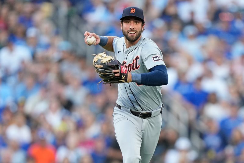 Jul 19, 2024; Toronto, Ontario, CAN; Detroit Tigers third baseman Matt Vierling (8) goes to throw out Toronto Blue Jays third baseman Ernie Clement (not pictured) at first base during the third inning at Rogers Centre. Mandatory Credit: John E. Sokolowski-USA TODAY Sports