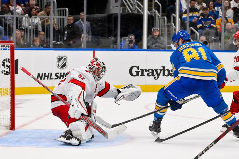 Oct 19, 2024; St. Louis, Missouri, USA;  St. Louis Blues center Dylan Holloway (81) shoots and scores against Carolina Hurricanes goaltender Pyotr Kochetkov (52) during the second period at Enterprise Center. Mandatory Credit: Jeff Curry-Imagn Images