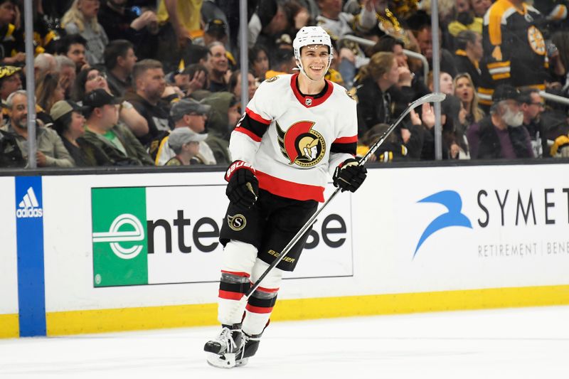 Apr 16, 2024; Boston, Massachusetts, USA;  Ottawa Senators defenseman Artem Zub (2) reacts after scoring an empty net goal during the third period against the Boston Bruins at TD Garden. Mandatory Credit: Bob DeChiara-USA TODAY Sports