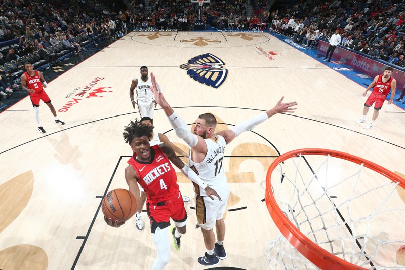 NEW ORLEANS, LA - FEBRUARY 22: Jalen Green #4 of the Houston Rockets shoots the ball during the game against the New Orleans Pelicans on February 22, 2024 at the Smoothie King Center in New Orleans, Louisiana. NOTE TO USER: User expressly acknowledges and agrees that, by downloading and or using this Photograph, user is consenting to the terms and conditions of the Getty Images License Agreement. Mandatory Copyright Notice: Copyright 2024 NBAE (Photo by Layne Murdoch Jr./NBAE via Getty Images)