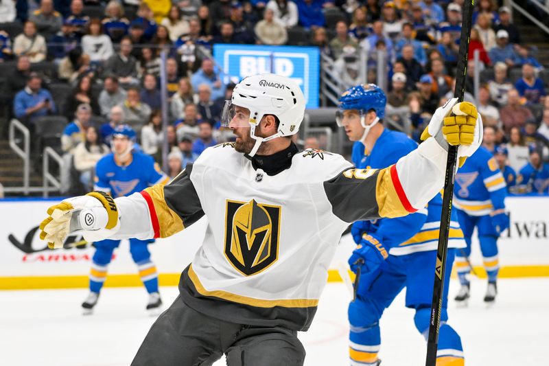Nov 15, 2025; St. Louis, Missouri, USA; Vegas Golden Knights left wing Brandon Saad (20) reacts after scoring against the St. Louis Blues during the first period at Enterprise Center. Mandatory Credit: Jeff Curry-Imagn Images