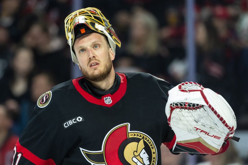 Apr 5, 2025; Ottawa, Ontario, CAN; Ottawa Senators goalie Anton Forsberg (31) skates in the second period against the Florida Panthers at the Canadian Tire Centre. Mandatory Credit: Marc DesRosiers-Imagn Images